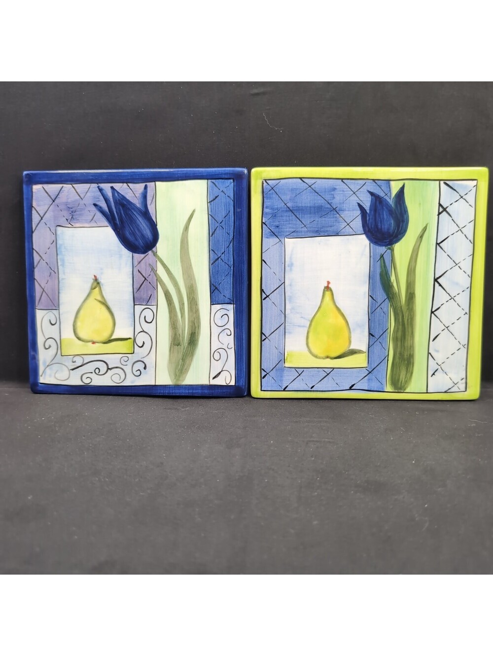 Elizabeth Munro Montage Ceramic Tile Art Hanging Decor Blue Tulip Yellow Pear